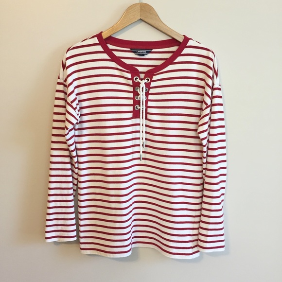 Lands’ End Long Sleeve Lace Up Striped Shirt Red & White - Picture 1 of 13